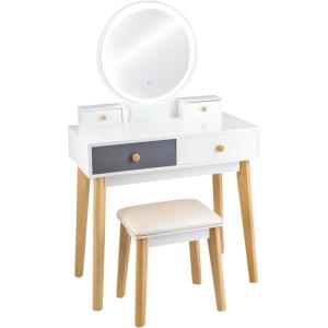 CHARMAID Vanity Set with Lighted Mirror, 3 Lighted Modes Touch Screen Dimming Mirror, Modern Bedroom Makeup Dressing Table with 4 Sliding Drawers and Cushioned Stool for Girls Women Gifts, White