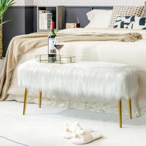 CHARMAID Vanity Stool for Makeup Room, Faux Fur Ottoman with Golden Metal Legs, Upholstered Entryway Shoe Bench End of Bed, Plush Fluffy Foot Rest Bedroom Living Room (White, 36” x 14” x 18”)