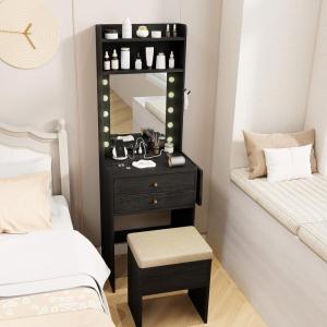 CHARMAID Vanity Table Set with Lighted Mirror, 8 Bulbs, Large Drawer, Tabletop Storage Shelf, Modern Bedroom Vanity Desk Makeup Dressing Table with Cushioned Stool for Girls Women, Black(Black)