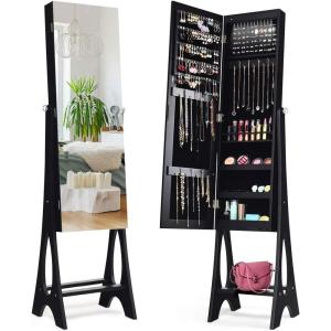 Giantex 12 LED Jewelry Armoire Cabinet with Frameless Full-length Mirror, Standing Jewelry Cabinet with 16 Lipstick Holders, Large Storage Capacity, 3 Angles Adjustable (Black)(Black)