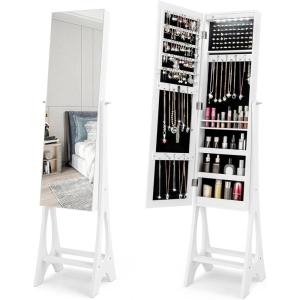 Giantex 12 LED Jewelry Armoire Cabinet with Frameless Full-length Mirror, Standing Jewelry Cabinet with 16 Lipstick Holders, Large Storage Capacity, 3 Angles Adjustable (Black)(White)