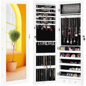 Giantex 15 LEDs Jewelry Armoire, Wall Mounted or Door Hanging, Lockable Jewelry Cabinet with Full Length Mirror, Large Storage Jewelry Organizer Box Armoire for Girls Women (14.5″W x 3.5″D x 47.5″H)(14.5″W x 3.5″D x 47.5″H)