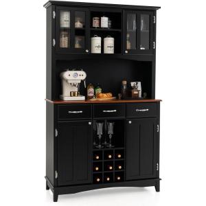 Giantex Buffet Hutch Cabinet, Kitchen Hutch Sideboard, Buffet Cabinet on Storage Island, Wood Kitchenware Server with 3 Large Drawers and 9 Wine Bottle Modules (White)(Black)