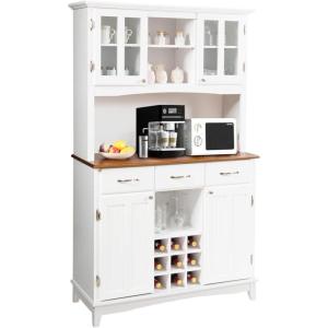 Giantex Buffet Hutch Cabinet, Kitchen Hutch Sideboard, Buffet Cabinet on Storage Island, Wood Kitchenware Server with 3 Large Drawers and 9 Wine Bottle Modules (White)(White)