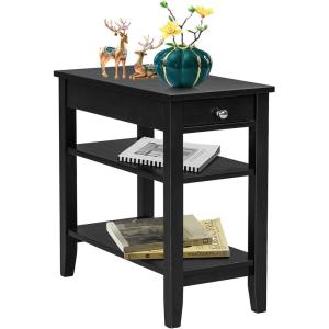 Giantex End Table with Drawer, Narrow Side Table with 2-Tier Open Storage Shelves, Slim Side End Table Compact Nightstand Bedside Table for Living Room Bedroom Small Space, Black(Black)