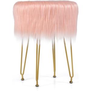 Giantex Faux Fur Vanity Stool Chair, Pink Round Furry Makeup Stool with Adjustable Footings, Fluffy Padded Seat, 4 Metal Legs, Small Ottoman Foot Rest for Living Room, Bedroom, Makeup Room, Entryway(Pink)
