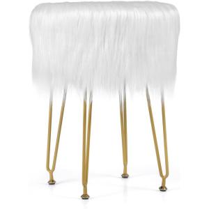 Giantex Faux Fur Vanity Stool Chair, Pink Round Furry Makeup Stool with Adjustable Footings, Fluffy Padded Seat, 4 Metal Legs, Small Ottoman Foot Rest for Living Room, Bedroom, Makeup Room, Entryway(White)