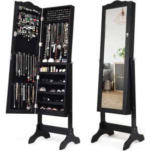 Giantex Jewelry Armoire with Full Length Mirror, Lockable Standing Jewelry Cabinet, Mirror with Jewelry Storage, Ring Earring Necklace Makeup Display, Jewelry Organizer Box for Women Girls (White)(Black)