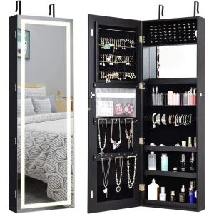 Giantex Jewelry Cabinet Armoire Door Wall Mount, 47.2in Lockable Touch Screen Lighted Full Length Mirror, 3 Lighting Settings, Inside Makeup Mirror, Jewelry Storage Box Organizer (Black)(Black)