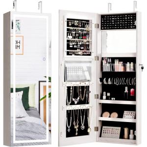 Giantex Jewelry Cabinet Armoire Door Wall Mount, 47.2in Lockable Touch Screen Lighted Full Length Mirror, 3 Lighting Settings, Inside Makeup Mirror, Jewelry Storage Box Organizer (Black)(Grayish White)