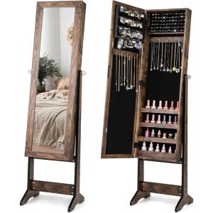 Giantex Jewelry Cabinet with Full-Length Mirror, Standing Jewelry Armoire Organizer with 64 Earring Slots, 72 Ring Slots, 20 Necklace Hooks, 4 Storage Shelves, 3 Angle Adjustable (Black)(Rustic Brown)