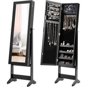 Giantex Jewelry Cabinet with Full-Length Mirror, Standing Jewelry Armoire Organizer with 64 Earring Slots, 72 Ring Slots, 20 Necklace Hooks, 4 Storage Shelves, 3 Angle Adjustable (Black)(Black)