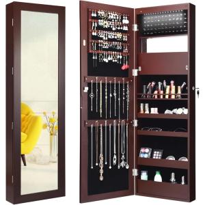 Giantex LED Jewelry Cabinet Wall Mounted Door Hanging, Lockable Jewelry Armoire with 47.2” Full Length Mirror, Foldable Makeup Tray, Lipstick Brush Holders, Jewelry Storage Organizer (White)(Brown)