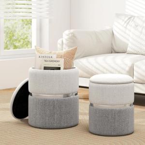 Giantex Ottoman with Storage – Set of 2 Storage Ottomans, 1 Large & 1 Small Nesting Ottoman Side Table, Upholstered Linen Round Foot Rest Vanity Stool for Bedroom Living Room (Gray)(Gray & Silver)