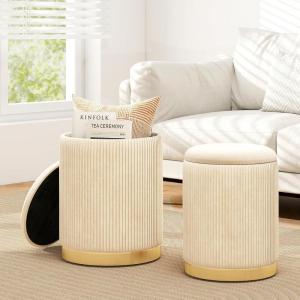 Giantex Ottoman with Storage – Set of 2 Storage Ottomans, 1 Large & 1 Small Nesting Ottoman Side Table, Upholstered Linen Round Foot Rest Vanity Stool for Bedroom Living Room (Gray)(Beige & Golden)