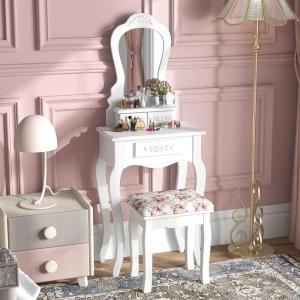 Giantex Small Vanity Desk Set, White Makeup Vanity Table with Mirror, Cushioned Stool, 3 Storage Drawers, 20 inch Girls Dressing Table for Small Space Bedroom(White)