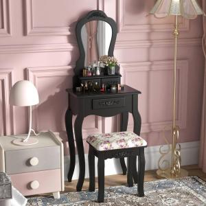 Giantex Small Vanity Desk Set, White Makeup Vanity Table with Mirror, Cushioned Stool, 3 Storage Drawers, 20 inch Girls Dressing Table for Small Space Bedroom(Black)