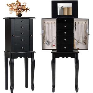 Giantex Standing Jewelry Armoire Cabinet with 4 Drawers, Flip Top Mirror, Top Storage Compartments, 2 Side Doors with 8 Necklace Hooks, Freestanding Jewelry Organizer Box Chest (Black)(Black)