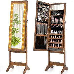 Giantex Standing Jewelry Armoire with 18 LED Lights Around the Door, Large Storage Mirrored Jewelry Cabinet with Full Length Mirror, 16 Lipstick Holders, 1 Inside Makeup Mirror (White)(Rustic Brown)