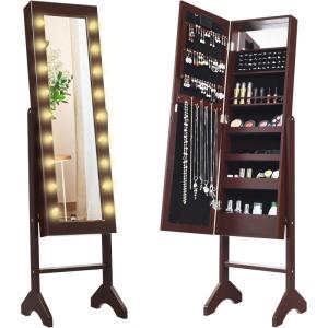 Giantex Standing Jewelry Armoire with 18 LED Lights Around the Door, Large Storage Mirrored Jewelry Cabinet with Full Length Mirror, 16 Lipstick Holders, 1 Inside Makeup Mirror (White)(Brown)
