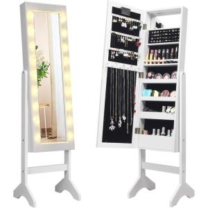 Giantex Standing Jewelry Armoire with 18 LED Lights Around the Door, Large Storage Mirrored Jewelry Cabinet with Full Length Mirror, 16 Lipstick Holders, 1 Inside Makeup Mirror (White)(White)