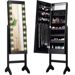 Giantex Standing Jewelry Armoire with 18 LED Lights Around the Door, Large Storage Mirrored Jewelry Cabinet with Full Length Mirror, 16 Lipstick Holders, 1 Inside Makeup Mirror (White)(Black)