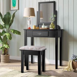 Giantex Vanity Dressing Table Stool Set, for Bedroom Vanities Furniture with Large 360° Rotating Makeup Mirror Solid Wood Legs Padded Linen Fabric Bench, Vanity Tables with Drawers, Black（1 Drawer）