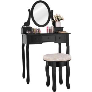 Giantex Vanity Makeup Table Set Bedroom Furniture with Cushioned Padded Stool & 5 Drawer Round 360 Degree Rotation Swivel Mirror Dressing Table Stool Wooden Vanity Set (Black with 5 Drawer)