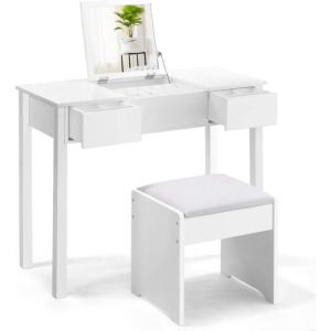 Giantex Vanity Set with Flip Top Mirror and Cushioned Stool, Makeup Dressing Table Writing Desk with 2 Drawers & 3 Removable Organizers, Makeup Table Set Easy Assembly, White(White)