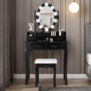Giantex Vanity Set with Lighted Mirror, Makeup Table with 10 Rose Light, Modern Dressing Desk with Cushioned Stool, 3 Drawers and 360° Rotating Mirror for Bedroom, Vanity Table with Stool (Black)(Black)