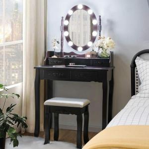 Giantex Vanity Set with Lighted Mirror, Makeup Table with 10 Rose Light, Modern Dressing Desk with Cushioned Stool, 3 Drawers and 360° Rotating Mirror for Bedroom, Vanity Table with Stool (Black)(Espresso)