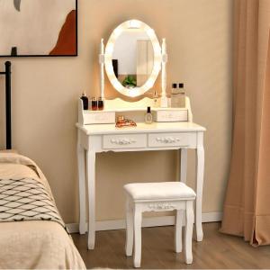 Giantex Vanity Set with Lighted Mirror, Makeup Table with 10 Rose Light, Modern Dressing Desk with Cushioned Stool, 3 Drawers and 360° Rotating Mirror for Bedroom, Vanity Table with Stool (Black)(White)