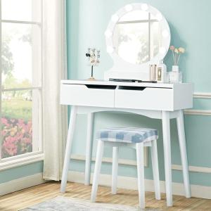 Giantex Vanity Set with Round Lighted Mirror, Makeup Dressing Table with 8 Light Bulbs and Brightness Adjustable, Bedroom Makeup Table with Cushioned Stool and 2 Sliding Drawers (White)(White)