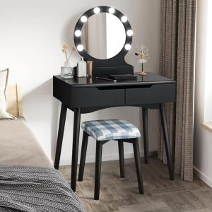Giantex Vanity Set with Round Lighted Mirror, Makeup Dressing Table with 8 Light Bulbs and Brightness Adjustable, Bedroom Makeup Table with Cushioned Stool and 2 Sliding Drawers (White)(Black)