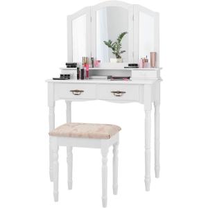 Giantex Vanity Set with Tri-Folding Mirror, Makeup Dressing Table with 4 Drawers and Storage Shelf, Modern Bedroom Bathroom Makeup Vanity Desk with Cushioned Stool for Girls Women (Black)(White)