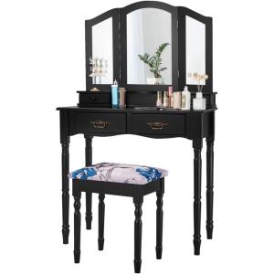 Giantex Vanity Set with Tri-Folding Mirror, Makeup Dressing Table with 4 Drawers and Storage Shelf, Modern Bedroom Bathroom Makeup Vanity Desk with Cushioned Stool for Girls Women (Black)(Black)