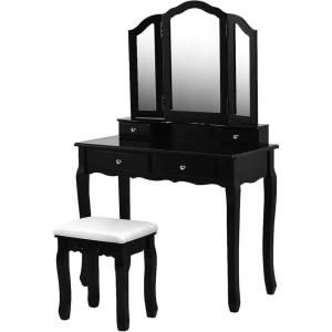 Giantex Vanity Set with Tri-Folding Mirror and 4 Drawers, Makeup Dressing Table with Cushioned Stool for Girls Women, Modern Bedroom Bathroom Makeup Table with Stool (Black)(Black)