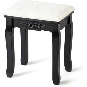 Giantex Vanity Stool Makeup Bench, Upholstered Dressing Stool with Pinewood Legs and Padded Cushion, Modern Bathroom Bedroom Vanity Bench Piano Seat for Girls Women, Black(Black)