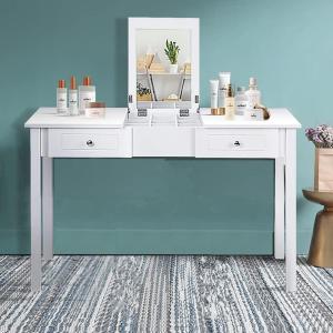 Giantex Vanity Table with Flip Top Mirror, Makeup Dressing Desk with 2 Drawers and Removable Organizer, Bedroom Vanity Writing Desk for Girls Women, Easy Assembly, White