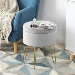 Giantex Velvet Footrest Stool Round with Storage Function, Gold Metal Legs and Removable Seat, Modern Dressing Vanity Chair for Home, Living Room, Bedroom Storage Ottoman (Grey)