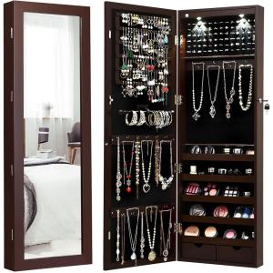 Giantex Wall Door Mounted Jewelry Armoire Cabinet with 47.5″ H Full Length Mirror, 2 LEDs Lockable Jewelry Organizer Box with Bracelet Rod, 2 Drawers, Large Storage Capacity (Black)(Espresso)