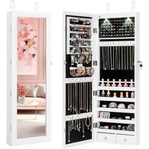 Giantex Wall Door Mounted Jewelry Armoire Cabinet with 47.5″ H Full Length Mirror, 2 LEDs Lockable Jewelry Organizer Box with Bracelet Rod, 2 Drawers, Large Storage Capacity (Black)(White)