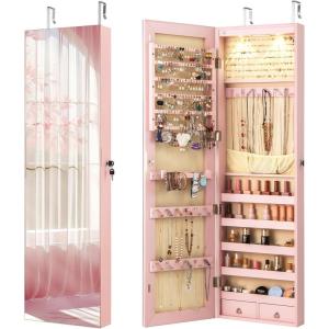 Giantex Wall Door Mounted Jewelry Armoire Cabinet with 47.5″ H Full Length Mirror, 2 LEDs Lockable Jewelry Organizer Box with Bracelet Rod, 2 Drawers, Large Storage Capacity (Black)(Light Pink)