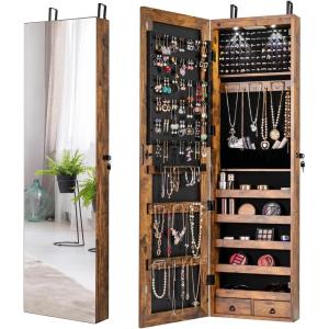 Giantex Wall Door Mounted Jewelry Armoire Cabinet with 47.5″ H Full Length Mirror, 2 LEDs Lockable Jewelry Organizer Box with Bracelet Rod, 2 Drawers, Large Storage Capacity (Black)(Rustic Brown)