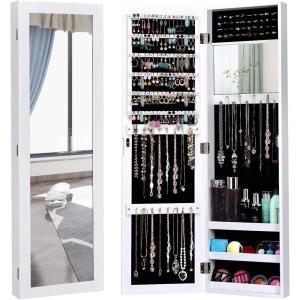 Giantex Wall Mounted Jewelry Cabinet with Full Length Mirror, Over The Door Jewelry Armoire Organizer with Large Storage, Makeup Mirror & Velvet Lining (Brown)(White)