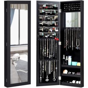 Giantex Wall Mounted Jewelry Cabinet with Full Length Mirror, Over The Door Jewelry Armoire Organizer with Large Storage, Makeup Mirror & Velvet Lining (Brown)(Black)