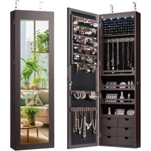 Giantex Wall or Door Mounted Jewelry Cabinet with Full Length Mirror, Over The Door Jewelry Armoire Organizer, Hanging Storage Cabinet with Necklace Hooks, Earring Slots, Ring Slots & Shelves (White)(Espresso)