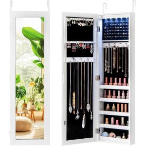 Giantex Wall or Door Mounted Jewelry Cabinet with Full Length Mirror, Over The Door Jewelry Armoire Organizer, Hanging Storage Cabinet with Necklace Hooks, Earring Slots, Ring Slots & Shelves (White)(White)