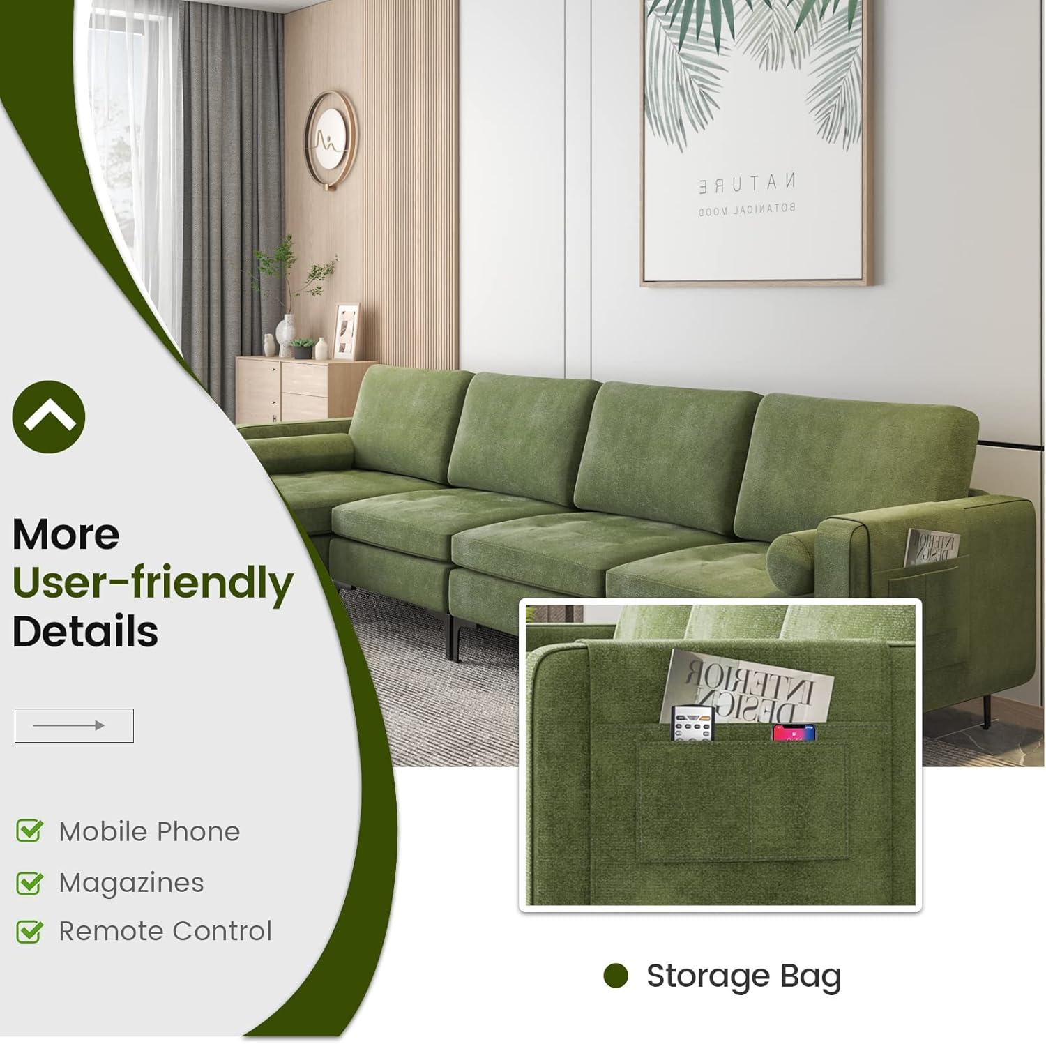 image:imageGiantex 128 Sectional Sofa Couch with 2 USB Ports 3Hole Socket Hidden Storage Box LShaped Modular Sofa wReversible Chaise Lounge 2 Side Bolsters for Living Room Bedroom Office
