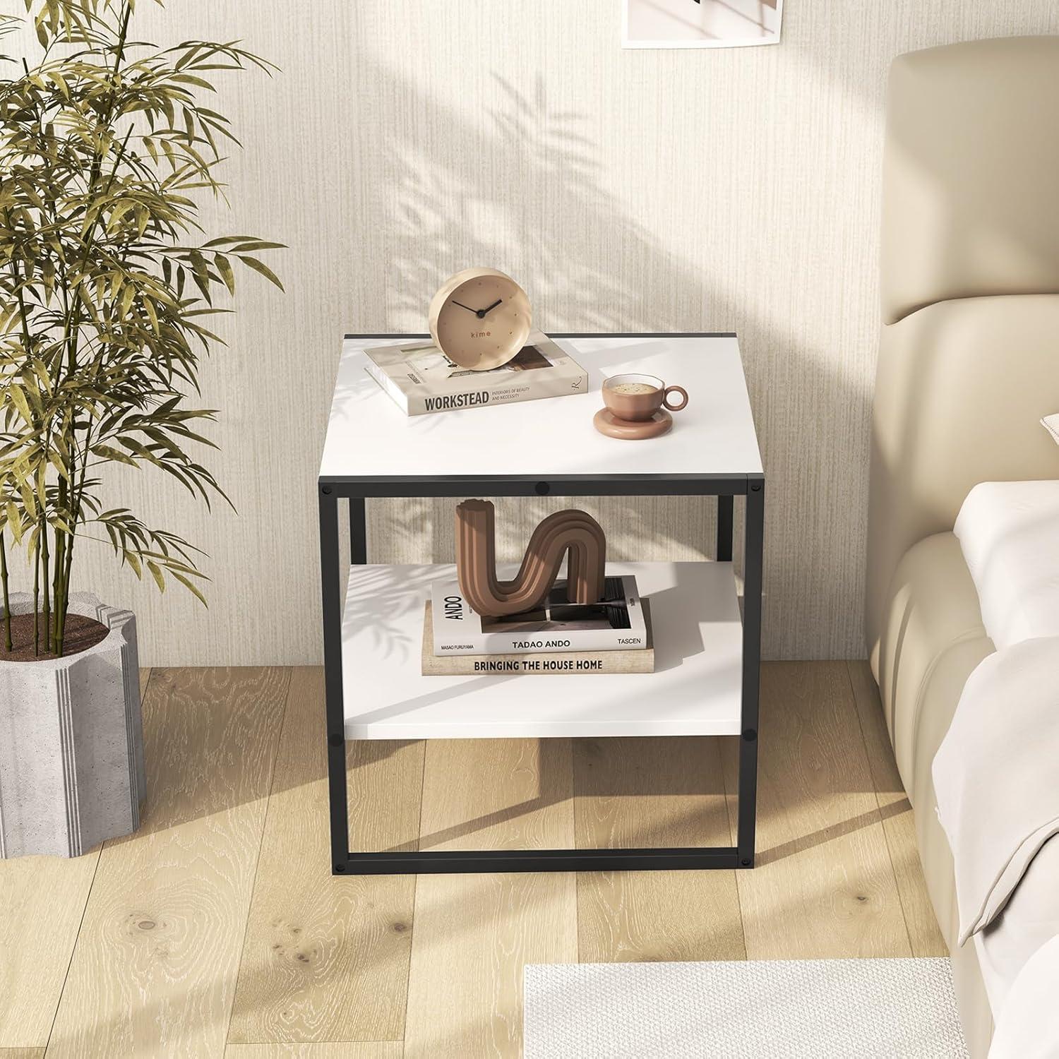 image:imageGiantex 20 Inch End Table Modern Square Side Table with Storage Shelf Small Coffee Table for Living Room Wood Bedside Table 2Tier Nightstand for Bedroom Easy Assembly White 11